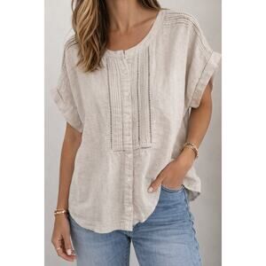 TALBOTS 100% Linen Blouse NWT Pleated Short Sleeve Top Neutral | 1XP Plus Petite